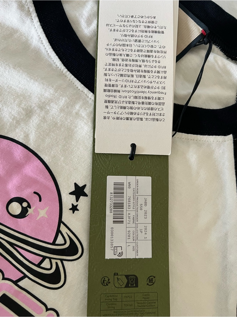 AUTH+BNWT GUCCI Ladies White Tee with Black Raglan Sleeves & Pink Planet Graphic - Picture 5 of 7
